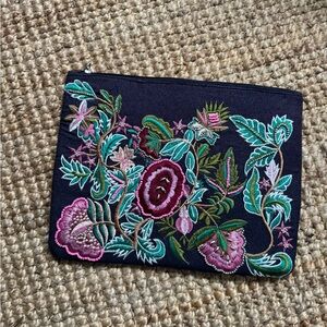 Embroidered Floral Zip Pouch - Dark Navy with Pink & Teal Flowers